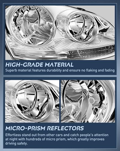 Image of Nilight Headlight Assembly Compatible with 2005 2006 2007 2008 2009 2010 Volkswagen Jetta 2006-2009 VW Rabbit GTI Headlamp Chrome Housing Driver and Passenger Side | For Jetta 2005 2006 2007 2008 2009 2010 VW Rabbit GTI 2006-2009 Chrome Housing Amber Reflector Headlight Driver & Passenger