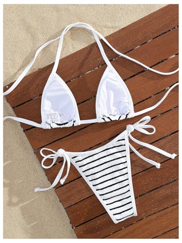 GORGLITTER Women's 2 Piece Striped Swimsuits High Cut Tie Side Halter Triangle Sling Bikini Set Swimwear2