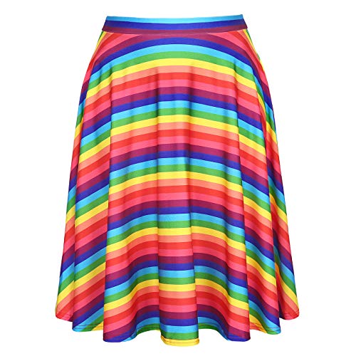HDE Skirts for Women - Midi Skirt Skater Skirt Knee Length High Waist Fun Prints Rainbow - M