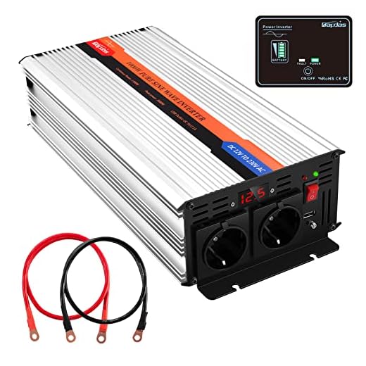Bapdas 1000 W ren sinus bilinverterare/spänningsomvandlare DC 12 V till AC 220–230 V med 2 AC-uttag och 1 USB-anslutningar