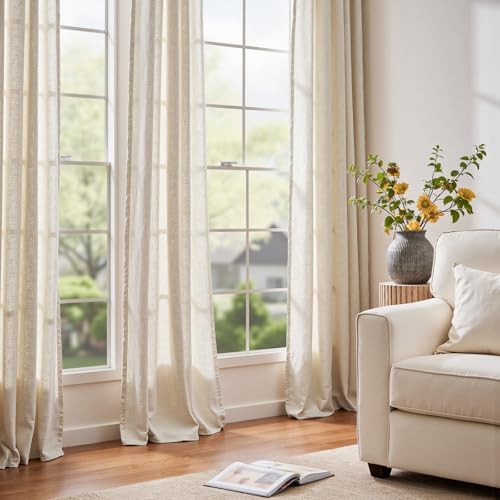 Image of jinchan Linen Curtains Light Filtering Back Tab 60x108 Inch 2 Panels Beige