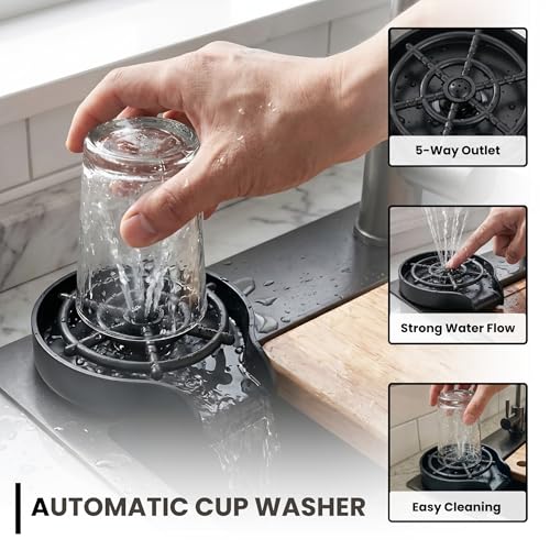 Image of Gloxy Premium Stainless Steel 304 Kitchen Sink With Pull Down Faucet 24x18X9 Inches- Smart Waterfall Sink with Anti-Scratch Honeycomb Design - Black Matte Finish Multifunctional Sink With Cup Washer