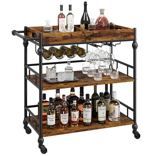 Crevyteg Chariot de Bar 3 Niveaux Style rétro - sur roulettes, avec étagère, Plateau Amovible et Porte-Bouteilles - Meuble Polyvalent pour Maison, Cuisine...