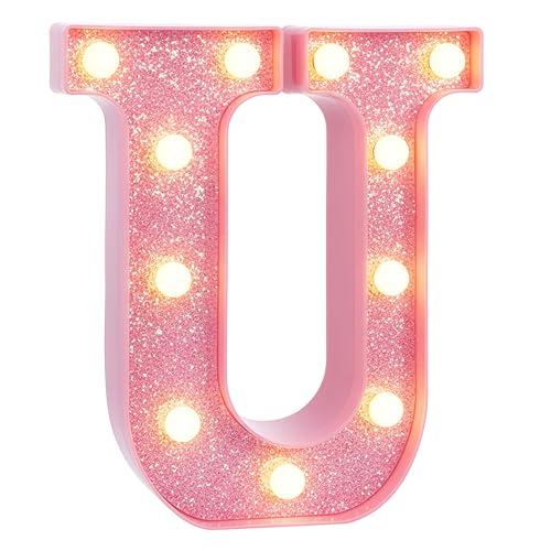 Image of Pink Marquee Light Up Letters, Glitter Alphabet LED Letter Lights for Pink Birthday Party Decorations, Battery Operated Letter Sign for Girls Room Vanity Table Decor, Warm White Lights Letter U
