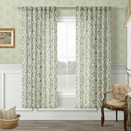 Image of Green Floral Linen Curtains 72 Inch Length 2 Panels Set Patterned Curtains