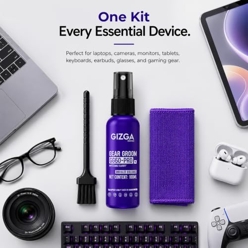Image of Gizga Pro Series 3-in-1 Laptop Cleaning Kit | 100ml Screen Cleaner Spray, Microfiber Cloth & Cleaning Brush | Alcohol-Free Laptop Screen Cleaner for PC, Mobile, TV, Camera Lens, Tablet & Keyboard