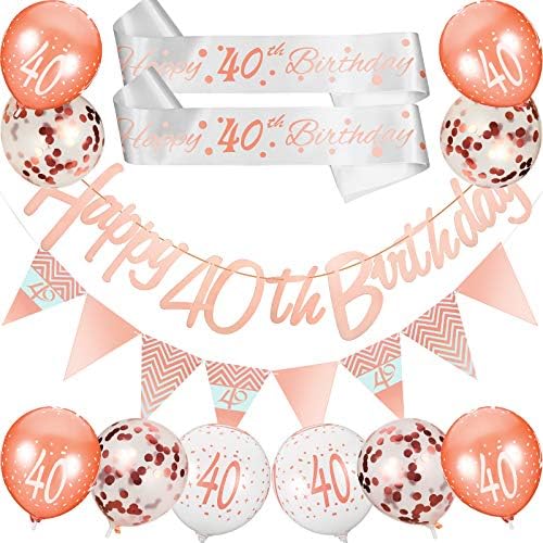 30 Pieces 30th/ 40th/ 18th Birthday Decoration Kit Rose Gold Includes Happy Birthday Banner Triangle Flag, 2 Pieces Birthday Sash, 26 Pieces Confetti Latex Balloons for Women Birthday Supplies (40th)