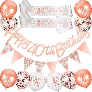 30 Pieces 30th/ 40th/ 18th Birthday Decoration Kit Rose Gold Includes Happy Birthday Banner Triangle Flag, 2 Pieces Birthday Sash, 26 Pieces Confetti Latex Balloons for Women Birthday Supplies (40th)
