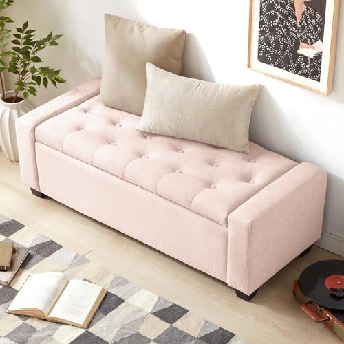 Image of Huatean Home 48 inch Ottoman with Storage, Pink Storage Ottoman Bench with Safety Hinge, Upholstered Entryway Bench with Seating for Bedroom, Living Room, Holds up to 330 lb