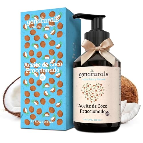 GoNaturals® Aceite de Coco Fraccionado - 100% Puro, Ligero, Inodoro y No Graso - Hidrata Piel, Cabello y Uñas - Desmaquillante Natural -250ml- Coconut Oil - Absorción Rápida - Aceite para Masajes