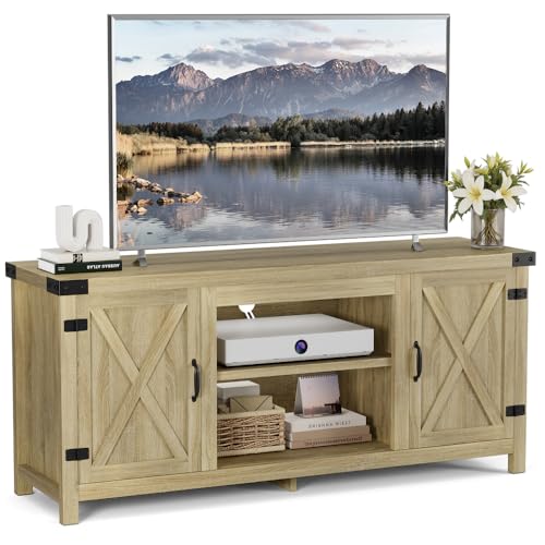 YESHOMY Modern Farmhouse TV Stand with Two Barn Doors and Storage Cabinets for Televisions up to 65+ Inch,Entertainment Center Console Table,Media Furniture for Living Room,Yellow Oak