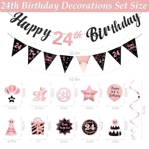 Image of 24th Birthday Decorations for Women Rose Gold Pink Pre Strung Happy 24th Birthday Banner and Hanging Swirls 24 Year Old Party Decorations Supplies