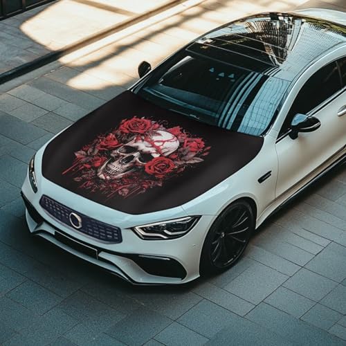 Image of Car Hood Cover, Car Hood Wrap Blanket Stretchable Waterproof Skull and Rose Automotive Outdoor Decorations for Compact SUV Sedans Trucks (59x39 Inch)