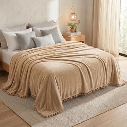 Image of BSB HOME 280 GSM Pom Pom Blanket, Ultra Soft Plush Fleece Throw Blanket with Pom Pom Fringe, Cozy Lightweight Warm Blanket for Sofa, Couch, Bed, Skin Friendly & Easy Care, 90 x 90 Inches - Warm Sand