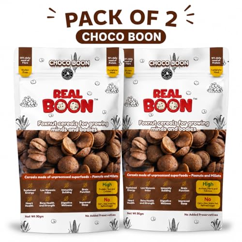 Image of Real Boon Makhana Millet Choco Cereals | High Protein, Gluten Free, Low GI, Vegan & Fiber Rich | Healthy Breakfast for Kids & Adults | Chocolate Flavor | Pack of 2