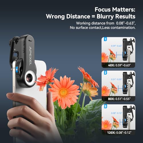 Image of APEXEL Phone Microscope Lens, 40x /80x /120x 3-in-1 Phone Micro Lens | With Universal Clip /CPL /16 LED /8 UV LED, Wheel Design, Pocket Portable Microscope for iPhone, Samsung & Android