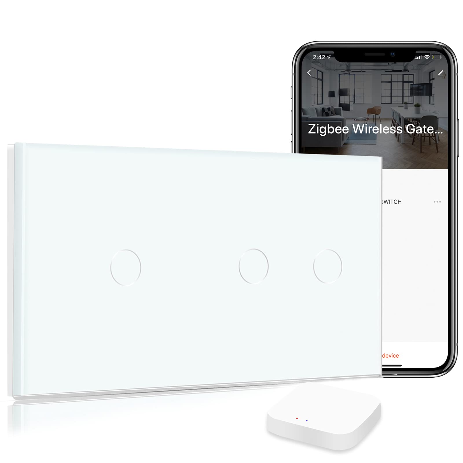 BSEED Smart ZigBee - Interruptor de luz de pared doble con WiFi, compatible con Alexa, 1 compartimento y 2 vías de 1 vía, cristal compatible con Tuya y Google (requiere ZigBee, no neutro), color