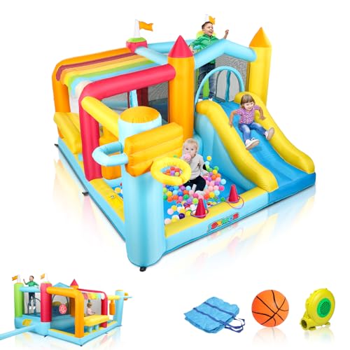 JOYMOR 9-in-1 Bounce House for Big Kids 8-12 w/Height-Adjustable Basketball Hoop, 30s Quick Inflatable Bounce House for Kids 3-6 with Blower, Portable Bag for Indoor Outdoor Party (Kiosk Theme)