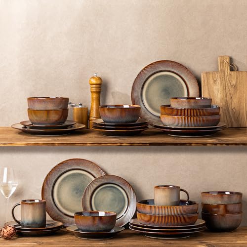 Image of TheTerra Ceramic Dinnerware Set for 8, 24-Piece Plates and Bowls Set | Lightweight Porcelain Dish Set, Scratch Resistant, Oven & Microwave & Dishwasher Safe, Cocoa Mocha