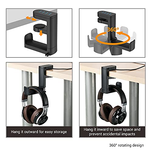 KIWIFOTOS Support pour casque avec concentrateur USB, support de suspension pour casque sous le bureau avec 4 ports USB (1 USB 3.0 + 3 USB 2.0), support de casque réglable pour casque, parapluie, sac