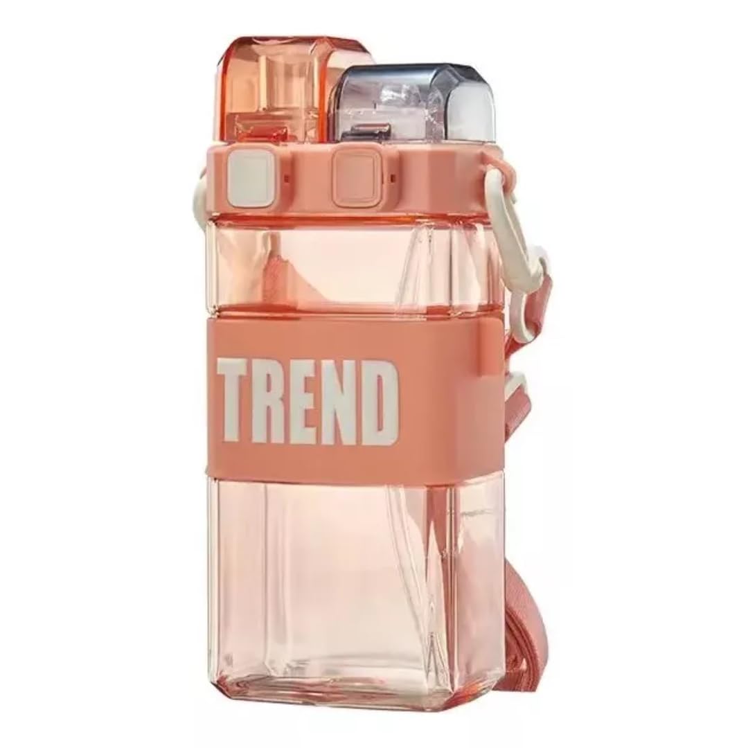 PLUSPOINT Trendy Water Bottle for Kids with Carry Strap to Hang Double drinking Caps Sipper Bottle with Straw & Wide Mouth Leakproof, BPA Free Tritan Water Bottle for School Kids 520ML (Orange)