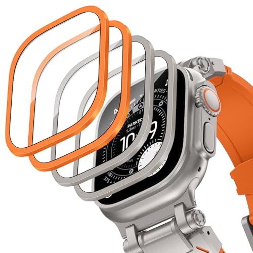 KADES 4 Pack Screen Protector Compatible for Apple Watch Ultra 3/2/1 49mm, 9H Tempered Glass with Metal Alloy Frame, Military-Grade Full Coverage Protective Film – Orange + Titanium