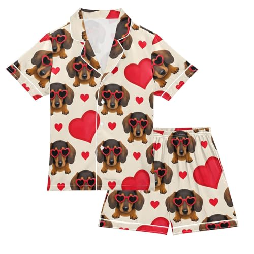 Dachshund Love Pattern Pajamas Set Summer Button Down Sleepwear Pjs Sets Comfy Loungewear