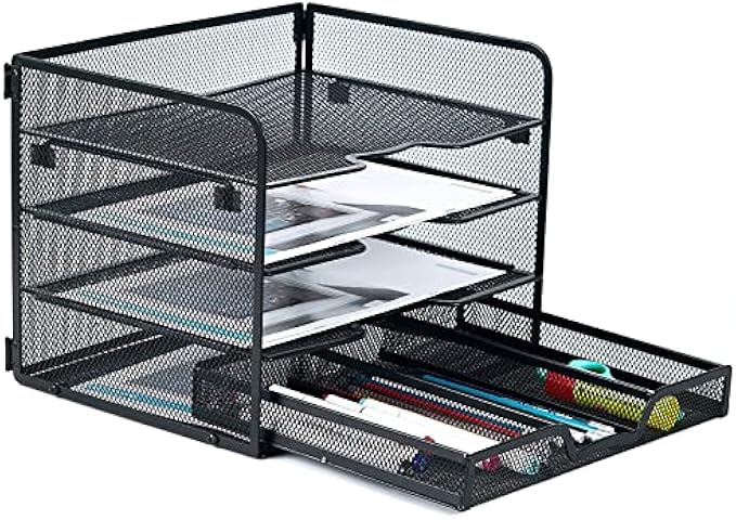 SETTFRFE 4-Tier Mesh Paper Letter Tray,Desk File Organizer with a Sliding Drawer,Office Supplies Desk Organizer for Home Office,Black.