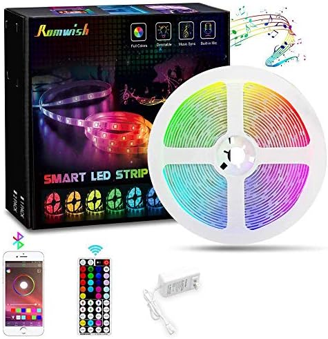 16.4ft LED Strip Lights, Music Sync Color Changing RGB LED Strip, 44 Keys RF Remote Control & Bluetooth Controller, Sensitive Built-in Mic, Timing Function for Kitchen, Bedroom, TV, Party, DIY Decora