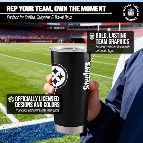 Image of Pittsburgh Steelers NFL 20oz Stainless Steel Insulated Tumbler, Slider Lid | Officially licensed Steelers drinkware; double-wall vacuum construction; cupholder compatible; BPA-free; hand wash only