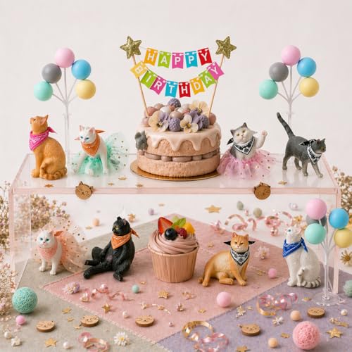 Cat Cake Decorations, 22PCS Cat Cake Toppers Set with Figurines, Scarves, Tulle Skirts, Balloons & Banner, 3D Cake Picks for Cat Birthday Party ， Cat Themed Party Decorations
