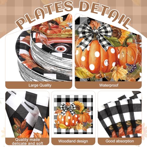 Image of Funnymoom 452 Pcs Fall Thanksgiving Party Decorations, Black White Buffalo Plaid and Orange Pumpkin Maple Leaves Paper Plates Napkins Cups Tablecloth Cutlery Straws for Autumn Harvest Party Supplies