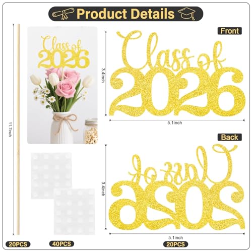Image of Class of 2026 Decorations - 20 Pcs Gold Graduation Centerpieces for Tables, Double-Sided Gold Graduation Decorations 2026 with Grad Toppers for Bouquets