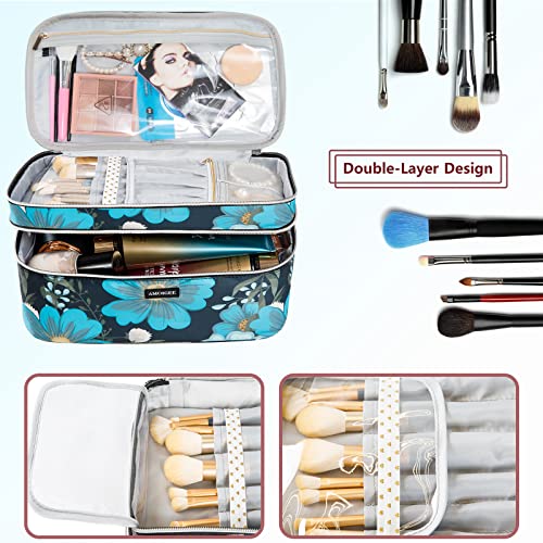Amoigee Large Makeup Bag, Travel Makeup Bag Organizer, Double Layer Train Case Makeup Bag, Toiletry Bag For Makeup Brushes, Full Size Bottles, Palettes Sponge, Cosmetic Organizer, Blue. #TOP3