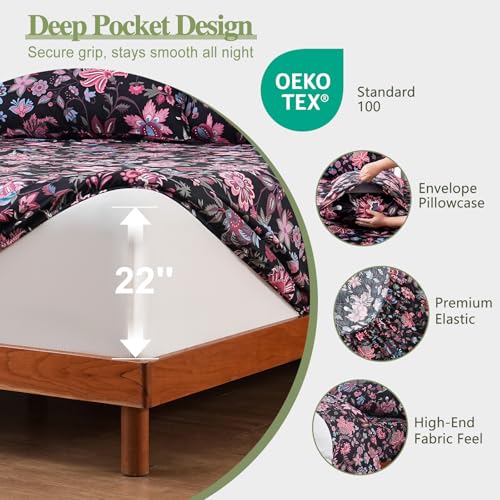 Image of Bedlifes Extra Deep Pocket 18-24 inch King 4-Piece Sheet Set - Cooling Sheets Blend Rayon Derived from Bamboo Soft & Breathable Floral Black Yellow