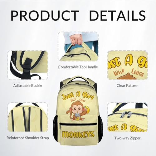 School Backpack Set for Girls - 3 in 1 Durable Elementary Middle Backpack with Lunch Bag Set - Yellow Monkey Bookbag Set with Large Capacity, Lightweight4