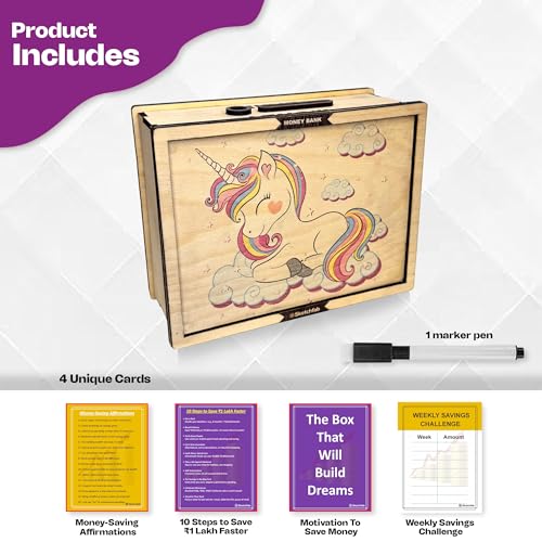 Image of Sketchfab Money Saving Box for Adult 100000, Wooden with Savings Tracker Bank Kids, Smart Piggy Bank, Box, Coin Box,Gullak Saver,Piggy Rs100000 Home Deal Gift Man, Women (Unicorn Cream)