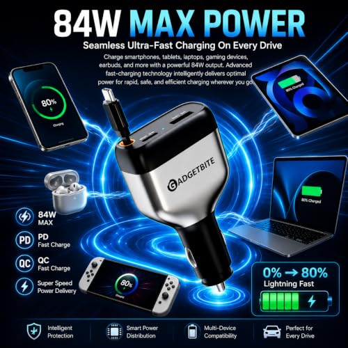 Image of GadgetBite EON 84W Fast Car Charger with Dual Type-C PD 30W & 33W, USB-A 18W Output, Multi-Port Charger with Built-in Cable 0.85m, Universal Compatibility for Smartphones, Tablets & iOS (Grey)