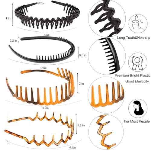 Image of ULTIMUTE 8 PCS Fashion Effortless Plastic Headbands with Teeth Comb Black Skinny Headbands No Slip Hair Accessories Bands for Women Men Teen Girls, Amber&Bright Black