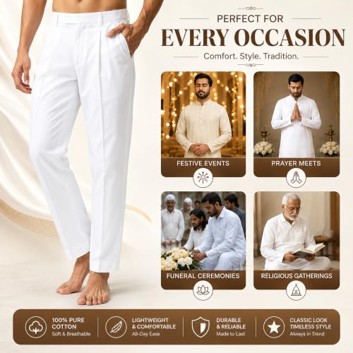 Image of Men's Pure Cotton Pant Style Pyjama | Pyjama /Pajama Style Pants for Kurtas, Festival | White, Cream, Black | Elasticated Waist and Dual Side Pockets