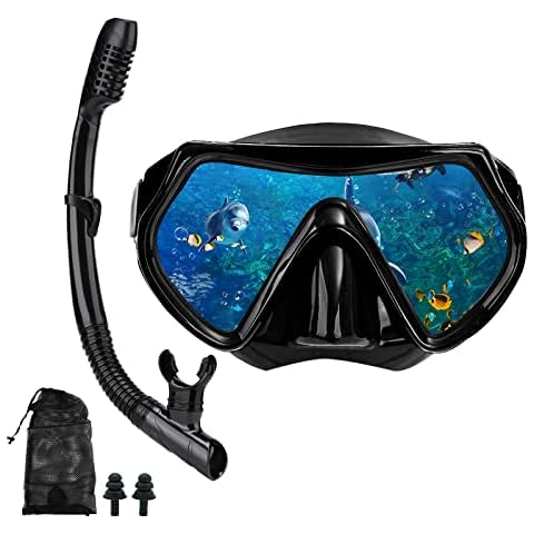 Snorkel mask Snorkeling Set for Adults and Youth, Diving mask and Full Dry Snorkel Swim Googles is Suitable for Snorkeling, Dive Scuba Diving, Swimming (Black) Cover