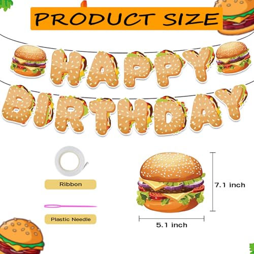 Image of Hamburger Happy Birthday Banner, Hamburger Birthday Party Decorations, Fast Food Snacks Themed Birthday Party Supplies