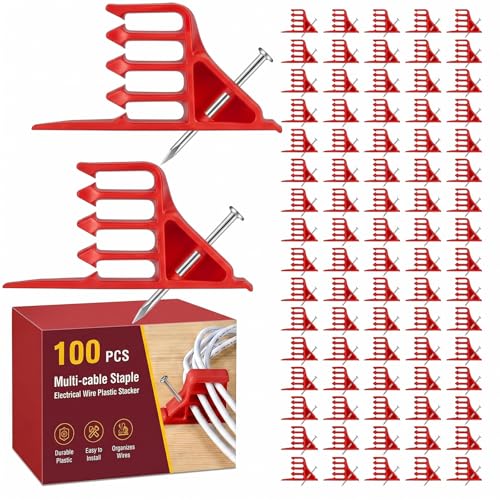 100 Pcs Cable Stacker Wire Staples, Plastic Clips with Nail, Red