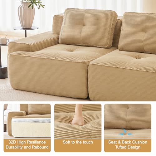 Image of 117 inch L-Shaped 3-Seater Modular Boneless Couch with Ottoman, Soft Corduroy Cloud sectional Sofa, Deep Seat Ergonomic Design, No Assembly Anti-Slip Sofa for Living Room, Camel
