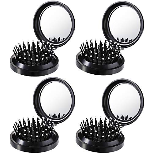 4 Packs Folding Hair Brush with Mirror, Round Travel Hair Comb for Purse, Mini Mirror Hair Comb Pocket Hair Brush for Travel