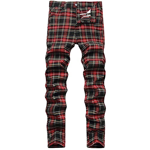 JE&NS Herren-Chinohose, Stretch, schmale Passform, Flache Vorderseite, lässig, Skinny, kariert, Rot-Schwarz kariert, 52