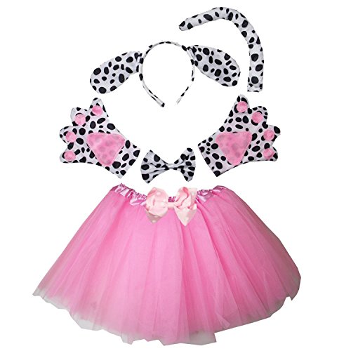Kirei Sui Kids Animal Costume Puppy White Dog Dalmatian Tutu and Ear Headband Pink Dress Up For Girls