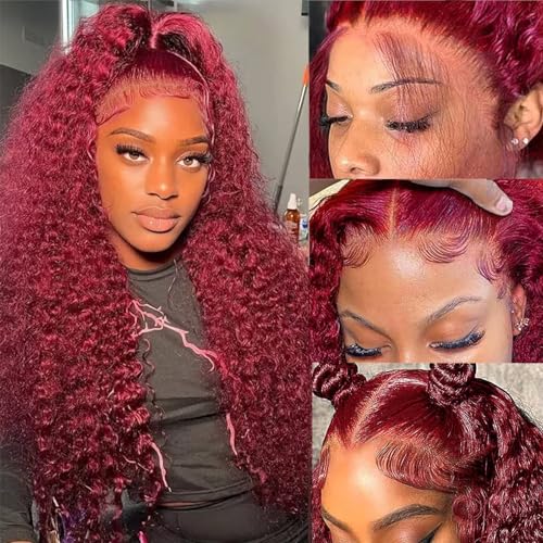 Image of SOEZ 22 Inch 99j Burgundy Lace Front Wigs Human Hair 13x4 Deep Wave Lace Front Wigs Human Hair Wine Red Wet Wavy Curly Wig 180 Density Water Wave Wig HD Full Lace Frontal Glueless Wig for Women
