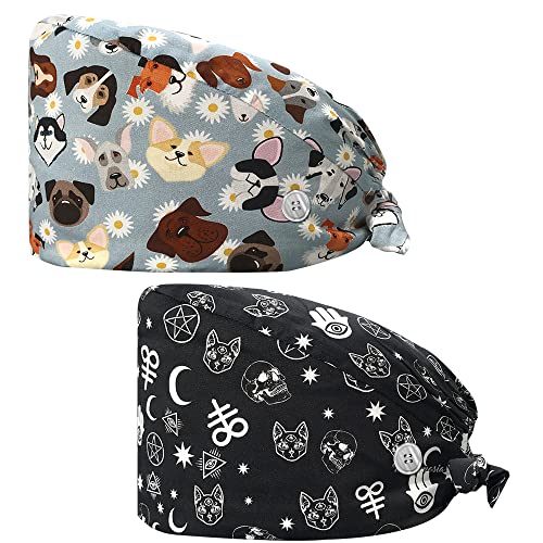 niaahinn 2 Pieces Hospital Work Caps with Buttons Adjustable Sweatband Head Hair Covers Unisex Tie Back Hats Variety of Styles (22192-22193)