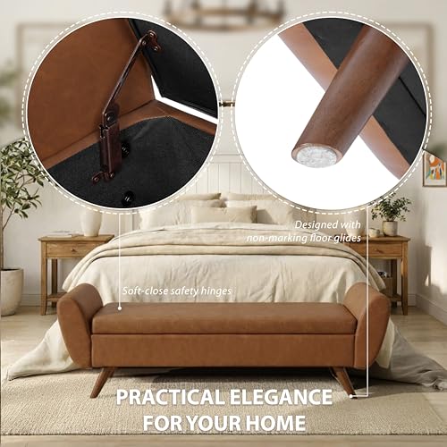 Image of HomePop 60 inch Modern Storage Bench with Wood Legs - Brown Faux Leather